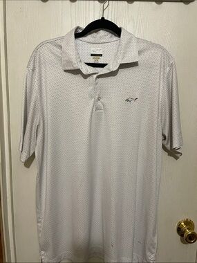 Greg Norman Collection White Microdot Polo with Multicolor Shark Logo XL